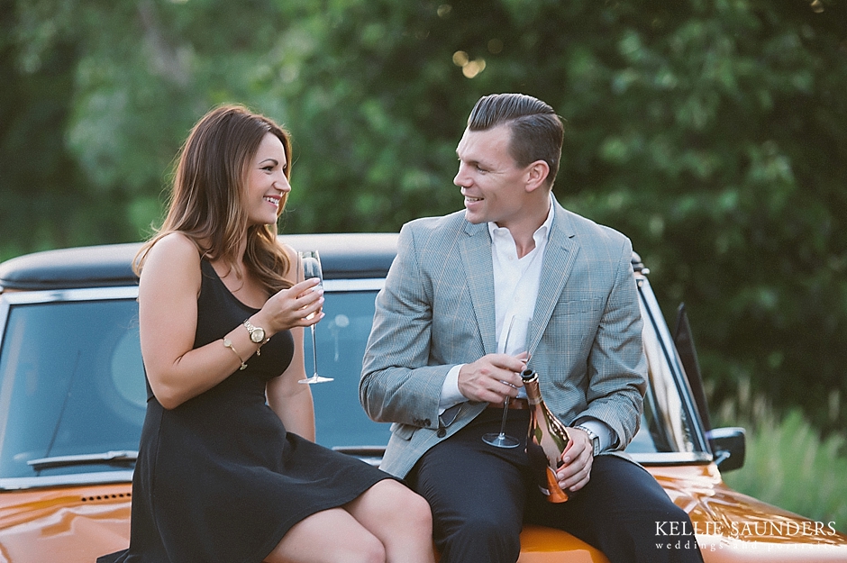 classic truck engagemen pictures with champagne